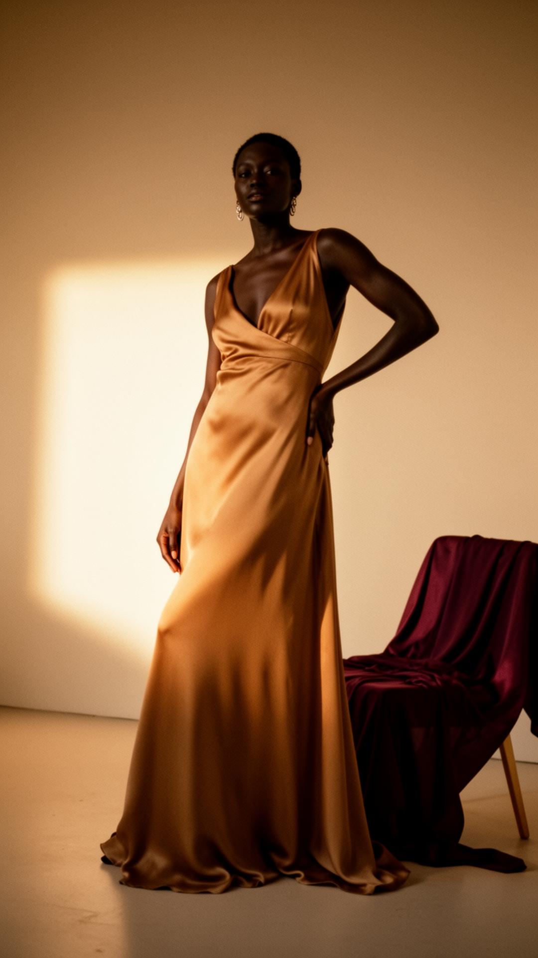 A figure in flowing camel silk lit by warm golden hour light